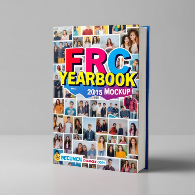 The cover features a close-up of a yearbook, with the title "Frc Yearbook" prominently displayed in bold and vibrant colors. The background is a collage of photos, representing the memories captured within the yearbook.