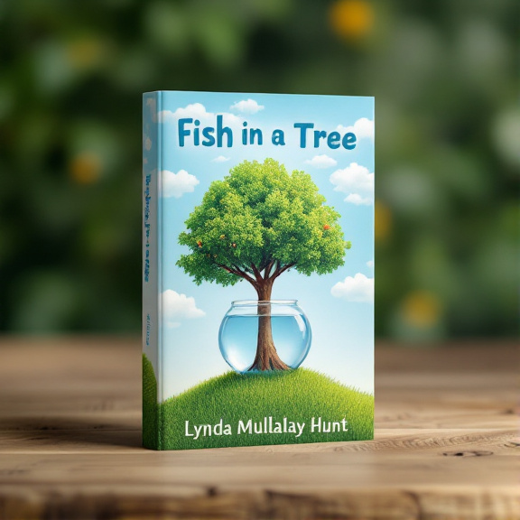 A fish bowl positioned in the center of the cover, sitting on a grassy hill under a tree. Above the tree, fluffy white clouds create a sense of wonder and curiosity.