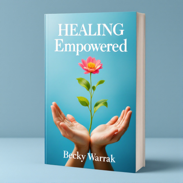 The cover features a pair of woman's hands outstretched, palms up, with a vibrant flower growing out of them. The hands are positioned towards the bottom of the cover, with the flower taking center stage and reaching towards the top. The background is a serene blue color, representing calm and tranquility.