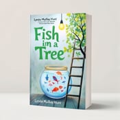 standing book mockup, Its title is "Fish in a Tree". Its author name is Lynda Mullaly Hunt.  The cover features a fish bowl placed in the center, with a ladder leading up to a light bulb hanging above. The fish bowl is filled with colorful fish, representing growth and diversity. The book title "Fish in a Tree" is displayed in bold, green font, emphasizing the connection to nature and growth. The author's name, Lynda Mullaly Hunt, is written in a more elegant and simple font, placed below the title., The fish bowl is positioned in the center of the cover, with the ladder leaning against it. The title and author's name are placed above and below the fish bowl, respectively.