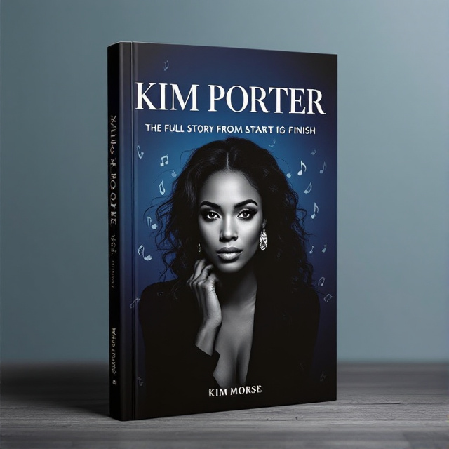 The cover features a captivating portrait of Kim Porter in black and white, exuding sophistication and elegance. The background is a deep blue gradient, adding depth and a sense of mystery. Musical notes and fashion motifs are subtly integrated into the background, symbolizing her influence in these industries.