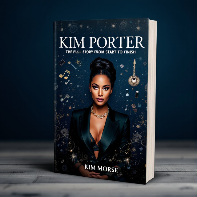 The cover features a refined portrait of Kim Porter in the center, capturing her vibrant personality and influence in the fashion and music industries. The portrait is surrounded by subtle elements of music and fashion, symbolizing her contributions to these fields. The background is a deep blue gradient, hinting at the complexity of her story and creating a sense of intrigue.