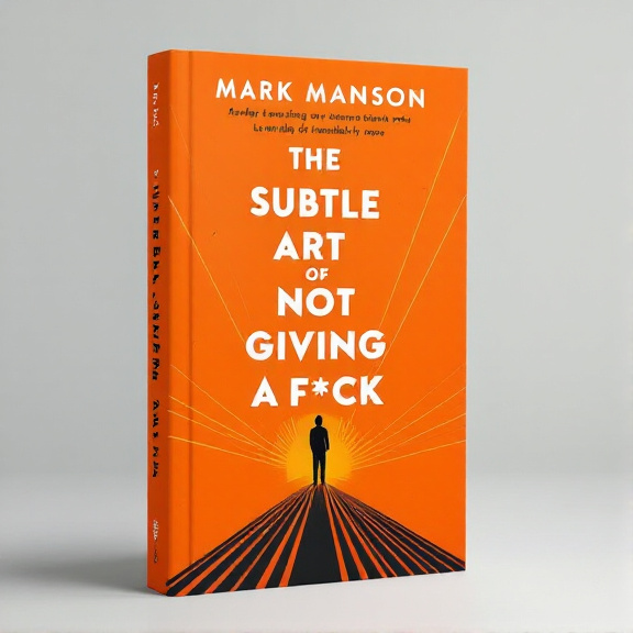 standing book mockup, Its title is "The Subtle Art of Not Giving a F*ck". Its author name is Mark Manson.  The cover features a vibrant orange background with dynamic lines emanating from the bottom, creating a sense of energy and movement. At the base, there is a silhouette of a standing figure, representing empowerment and growth. The dynamic lines symbolize the journey of personal development and the pursuit of a meaningful life. The title "The Subtle Art of Not Giving a F*ck" is displayed in bold and edgy font, conveying the book's straightforward and unconventional approach. The author's name, Mark Manson, is shown in a clean and modern font, adding credibility to the design., The title is positioned at the top of the cover, with the author's name placed below it. The silhouette of the standing figure is centered at the bottom, with the dynamic lines extending upwards towards the title.