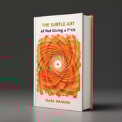 standing book mockup, Its title is "The Subtle Art of Not Giving a F*ck". Its author name is Mark Manson.  The cover features an abstract pattern of shapes in various shades of orange, forming a mesmerizing vortex in the center of the cover. The shapes are dynamic and evoke a sense of movement and curiosity. The book title "The Subtle Art of Not Giving a F*ck" is displayed in bold, eye-catching fonts. The author's name, Mark Manson, is placed below the title in a more elegant and understated font., The title and author's name are positioned at the top and bottom of the cover respectively, allowing the abstract pattern to be the focal point. The layout ensures a clear hierarchy of information.