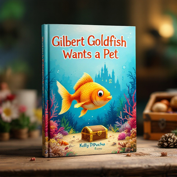 The cover will feature a vibrant underwater scene, with a goldfish swimming among coral reefs and a castle in the background. The goldfish will be positioned in the center, with a treasure chest at the bottom of the sea.