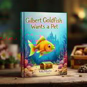 standing book mockup, Its title is "Gilbert Goldfish Wants a Pet". Its author name is Kelly DiPucchio.  The cover will feature a vibrant underwater scene, with a goldfish swimming among coral reefs and a castle in the background. The goldfish will be positioned in the center, with a treasure chest at the bottom of the sea. The title "Gilbert Goldfish Wants a Pet" will be written in a playful and child-friendly font, with a slight curve to mimic the movement of water., The title will be displayed at the top of the cover, above the underwater scene. The author's name, Kelly DiPucchio, will be placed at the bottom right corner.