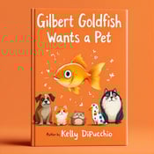 standing book mockup, Its title is "Gilbert Goldfish Wants a Pet". Its author name is Kelly DiPucchio.  A coral orange background with a playful illustration of a goldfish in the center. Surrounding the goldfish are various humorous pet companions, including a dog, a cat, a hamster, and a bird, all with exaggerated features and expressions. One of the pets has a prominent whisker, drawing attention to it. The book title "Gilbert Goldfish Wants a Pet" is displayed in bold, whimsical font above the illustration. The author's name "Kelly DiPucchio" is placed below the title in a more elegant, cursive font., The title and author's name are centered and positioned in the upper and lower parts of the cover, respectively. The illustration of the goldfish and the pets takes up the majority of the cover space, with the goldfish placed in the center.