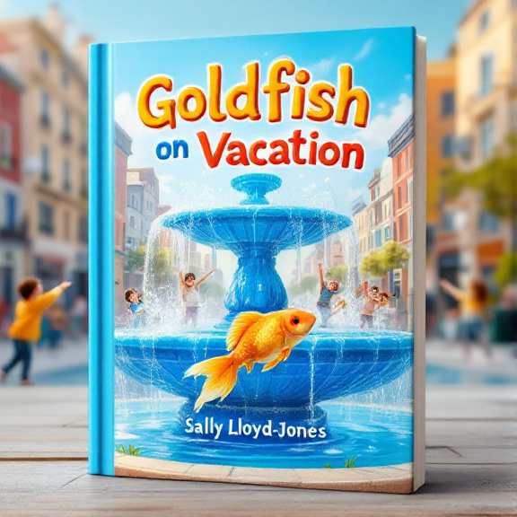 A vibrant and whimsical cityscape with a large, bright blue city fountain at the center. In the foreground, a goldfish is leaping out of the fountain, surrounded by splashing water. In the background, children are playing and pointing excitedly at the goldfish.