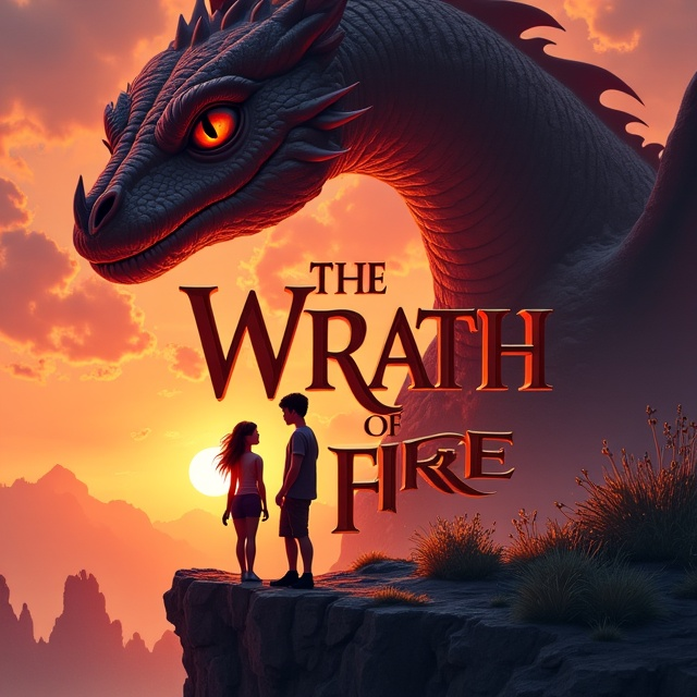 The cover features an athletic eighteen-year-old female with brown hair and brown eyes standing next to a muscular eighteen-year-old boy with black hair and piercing blue eyes. They are standing on a cliff with the sun setting in the background. Behind them looms a huge and terrifying maroon-colored dragon with scales and scary eyes.