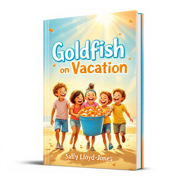The cover features a group of children, excitedly carrying a bucket filled with goldfish. The children are shown against a vibrant and sunny orange summer sky, with rays of sunlight shining down on them.