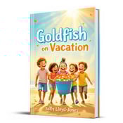 standing book mockup, Its title is "Goldfish on Vacation". Its author name is Sally Lloyd-Jones.  The cover features a group of children, excitedly carrying a bucket filled with goldfish. The children are shown against a vibrant and sunny orange summer sky, with rays of sunlight shining down on them. The book title "Goldfish on Vacation" is displayed in a playful and bold font, with the word "Goldfish" designed to resemble swimming fish. The author name "Sally Lloyd-Jones" is placed below the title in a clean and elegant font., The title and author name are centered at the top and bottom of the cover respectively. The group of children is positioned slightly to the right of the cover, creating a sense of movement and anticipation.