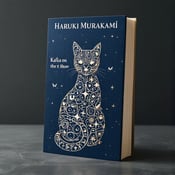 standing book mockup, Its title is "Kafka on the Shore". Its author name is Haruki Murakami.  The cover features a dark indigo background with a subtle abstract pattern. At the center, there is a bold and sleek silhouette of a cat, intricately filled with mystical symbols that swirl around it. The book title, "Kafka on the Shore," is written in a sophisticated and elegant serif font, placed above the cat silhouette. The author's name, "Haruki Murakami," is written in a modern and minimalist sans-serif font, positioned below the title., The cat silhouette is the focal point of the cover, taking up the majority of the space. The title and author's name are placed strategically to maintain balance and readability.