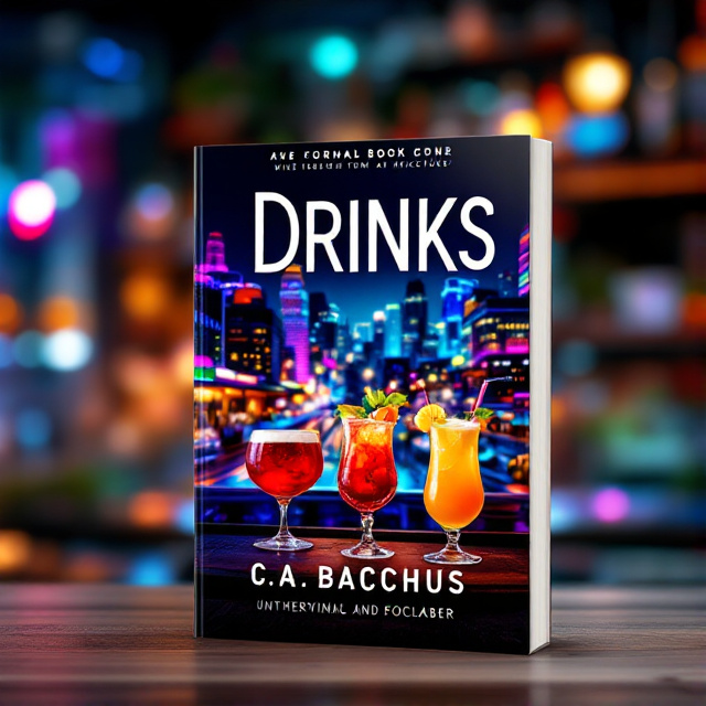 The cover features a vibrant cityscape at night, with colorful lights and bustling streets. In the foreground, there are three delicious cocktails, each with a unique garnish and vibrant colors. The cocktails are placed on a stylish bar counter, adding a touch of elegance to the scene.