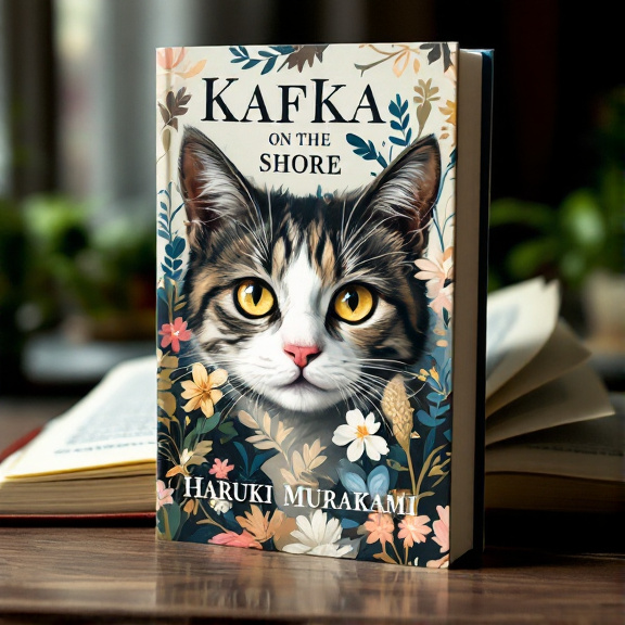 A close-up of a cat's face in the center of the cover, with abstract floral patterns surrounding it. Behind the cat's face is an open book, partially visible on the sides.