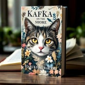 standing book mockup, Its title is "Kafka on the Shore". Its author name is Haruki Murakami.  A close-up of a cat's face in the center of the cover, with abstract floral patterns surrounding it. Behind the cat's face is an open book, partially visible on the sides. A bold and elegant font for the book title, "Kafka on the Shore", with a modern and clean font for the author name, "Haruki Murakami"., The book title is placed at the top of the cover, with the author name centered at the bottom. The cat's face and floral patterns are the main focal point in the middle.