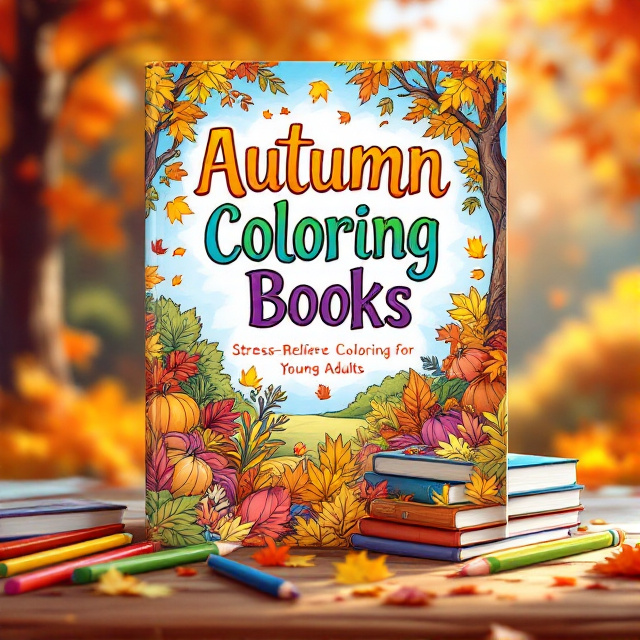 A vibrant and colorful autumn scene with falling leaves and a beautiful tree in the background. In the foreground, there is a stack of coloring books with pencils and markers scattered around. The colors are bright and inviting, capturing the essence of autumn and the joy of coloring.