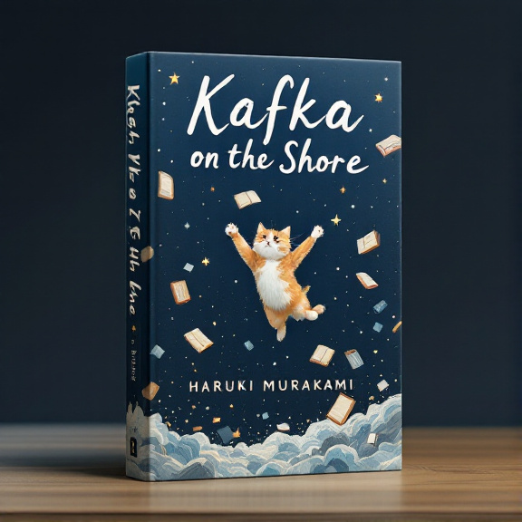 A playful cat is depicted jumping through a sky filled with floating books and stars. The midnight blue background adds a sense of mystery and magic to the design.