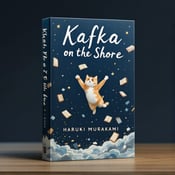standing book mockup, Its title is "Kafka on the Shore". Its author name is Haruki Murakami.  A playful cat is depicted jumping through a sky filled with floating books and stars. The midnight blue background adds a sense of mystery and magic to the design. The book title "Kafka on the Shore" is displayed in a bold, cursive font, giving it a whimsical and enchanting feel. The author's name, Haruki Murakami, is written in a clean and elegant font, adding a touch of sophistication., The cat is positioned in the center of the cover, with the floating books and stars surrounding it. The title and author's name are placed at the top and bottom of the cover, respectively, ensuring clear visibility.