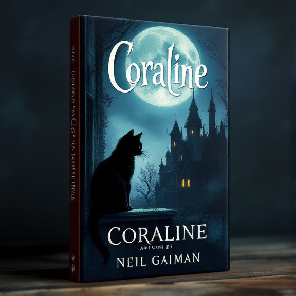 standing book mockup, Its title is "Coraline". Its author name is Neil Gaiman.  A mysterious black cat perched on a moonlit windowsill, overlooking an eerie old mansion. The moon shines brightly behind the mansion, casting an ethereal glow on the scene. Bold and whimsical font for the book title "Coraline", with a slightly slanted style to convey a sense of magic and intrigue. The author's name, Neil Gaiman, is placed at the bottom in a clean and modern font., The cat is positioned on the left side of the cover, occupying a larger portion of the space, while the mansion and moon are on the right side. The title is centered at the top, and the author's name is aligned at the bottom.