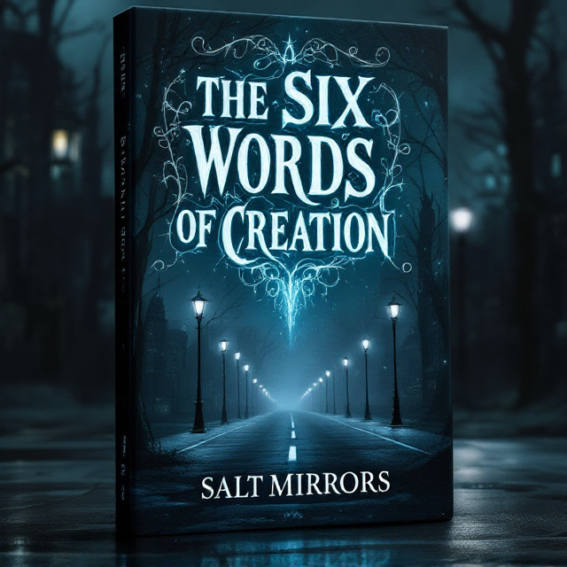 The cover features a gloomy, dark cityscape at night, with empty roads and crystal-powered streetlights resembling gas lamps. The city is surrounded by an aura of depression and madness. The title "The Six Words of Creation" is displayed in large, bold letters, with eerie bioluminescent designs intertwining with the typography. The author's name, saltmirrors, is displayed in a more subtle and elegant font at the bottom of the cover.