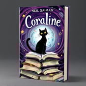 standing book mockup, Its title is "Coraline". Its author name is Neil Gaiman.  A playful and whimsical scene featuring a black cat standing on a stack of open books. The books have colorful illustrations and magical symbols on their pages. Surrounding the cat is a swirling purple portal with hints of otherworldly creatures peeking through. The book title "Coraline" is written in a bold and slightly curvy font, with an emphasis on the letters "C" and "e" which are decorated with small stars. The author's name "Neil Gaiman" is written in a more elegant and classic font., The cat and books are positioned in the center of the cover, with the portal swirling around them. The title and author's name are placed at the top and bottom of the cover respectively.