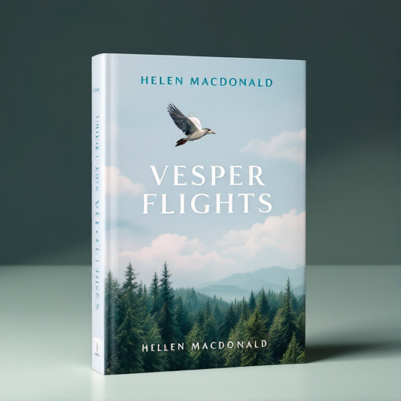 standing book mockup, Its title is "Vesper Flights". Its author name is Helen Macdonald.  A majestic bird in mid-flight, soaring above a dense forest with lush green trees. Subtle cloud patterns in soft blue hues suggest the bird's motion and freedom in the sky. A clean and elegant font for the book title "Vesper Flights" and the author's name "Helen Macdonald," with a slightly whimsical touch to reflect the nature essays genre., The bird is the focal point, positioned in the upper half of the cover, with the book title and author name placed below it in a centered alignment.