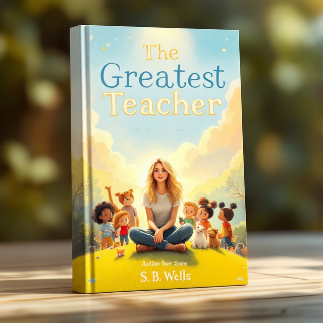 The cover features a young blonde teacher sitting on a gentle hill, surrounded by a diverse group of children and a few animals. Sunlight shines down, creating a warm and peaceful atmosphere.