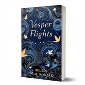 standing book mockup, Its title is "Vesper Flights". Its author name is Helen Macdonald.  The cover features an abstract design with swirling patterns in midnight blue, representing intrigue and mystery. Small star-like dots are scattered across the design, adding a touch of discovery. Birds are incorporated into the swirling patterns, forming an intricate flight pattern that adds movement and dynamism to the composition. The book title "Vesper Flights" is written in an elegant and slightly whimsical font, with each word placed on a separate line. The author's name, Helen Macdonald, is displayed in a more simple and understated font, placed beneath the title., The title is centered at the top of the cover, with the author's name positioned below it. The abstract design with the bird flight pattern is placed as the background of the cover, encompassing the entire space.