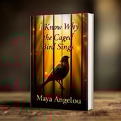 standing book mockup, Its title is "I Know Why the Caged Bird Sings". Its author name is Maya Angelou.  The cover features a close-up image of a caged bird, with rays of golden light breaking through the bars. The bird is positioned in the center of the cover, with the light radiating from behind, creating a sense of hope and transformation. The title "I Know Why the Caged Bird Sings" is written in a bold, elegant font at the top of the cover, while the author's name, Maya Angelou, is displayed in a slightly smaller font at the bottom., The visual elements are arranged in a balanced and symmetrical layout, with the bird centered and the text positioned at the top and bottom of the cover.