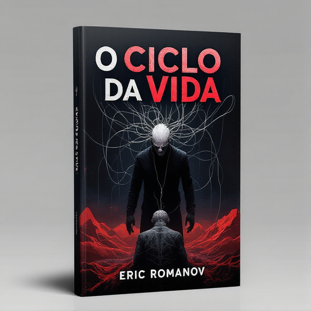 The cover features a dark and ominous background with red mountains symbolizing death and loss. In the center, there is a figure of a man, representing the protagonist, surrounded by wires connected to his head, symbolizing manipulation and control. The figure is in a state of anguish and despair, evoking the emotional themes of the book.