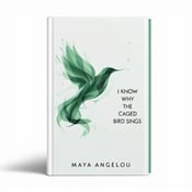 standing book mockup, Its title is "I Know Why the Caged Bird Sings". Its author name is Maya Angelou.  The cover features an abstract depiction of a bird in flight, with its wings spread wide. The bird is created using swirling green colors and abstract shapes, giving a sense of mystery and liberation. The book title, "I Know Why the Caged Bird Sings," is displayed in bold, uppercase letters in a clean and modern sans-serif font, placed vertically along the right side of the cover. The author's name, Maya Angelou, is written in a smaller font at the bottom of the cover., The bird is positioned in the center of the cover, slightly tilted towards the upper left corner. The title and author's name are placed vertically, creating a dynamic and eye-catching layout.