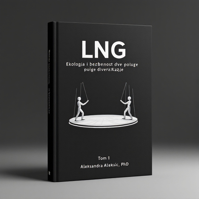 The cover features a minimalistic design with a black background. At the center, there is an illustration of the Arctic circle theater stage, representing the battlefield between ecology and security. On one side of the stage, there is a marionette representing ecology, while on the other side, there is a marionette representing security. The marionettes are shown pulling two levers, symbolizing the role of these two forces in diversifying energy transformation.