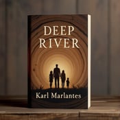standing book mockup, Its title is "Deep River". Its author name is Karl Marlantes.  A warm and earthy brown background with layering tree rings forming the backdrop. In the foreground, a family silhouette, consisting of a man, woman, and two children, stands together, symbolizing generational continuity. The book title "Deep River" is written in bold, uppercase letters, with a font that has a rustic and timeless feel. The author's name, Karl Marlantes, is placed below the title in a smaller, elegant font., The title is centered at the top of the cover, while the author's name is aligned with the bottom left corner. The family silhouette is positioned in the middle, slightly to the right, allowing the tree rings to overlap and encompass the entire visual composition.