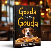 standing book mockup, Its title is "Up to No Gouda". Its author name is Linda Reilly.  A playful brown and white dog sitting next to a table with a plate of delicious grilled cheese sandwiches. The cozy eatery backdrop shows a small-town setting with warm lighting and inviting atmosphere. The book title "Up to No Gouda" is displayed in a bold, playful font, with the word "Gouda" emphasized and designed to look like melted cheese. The author name, Linda Reilly, is presented in a more elegant, script-like font., The dog and grilled cheese sandwiches are placed in the foreground, while the cozy eatery backdrop is in the background, creating depth. The title and author name are positioned at the top and bottom of the cover, respectively.