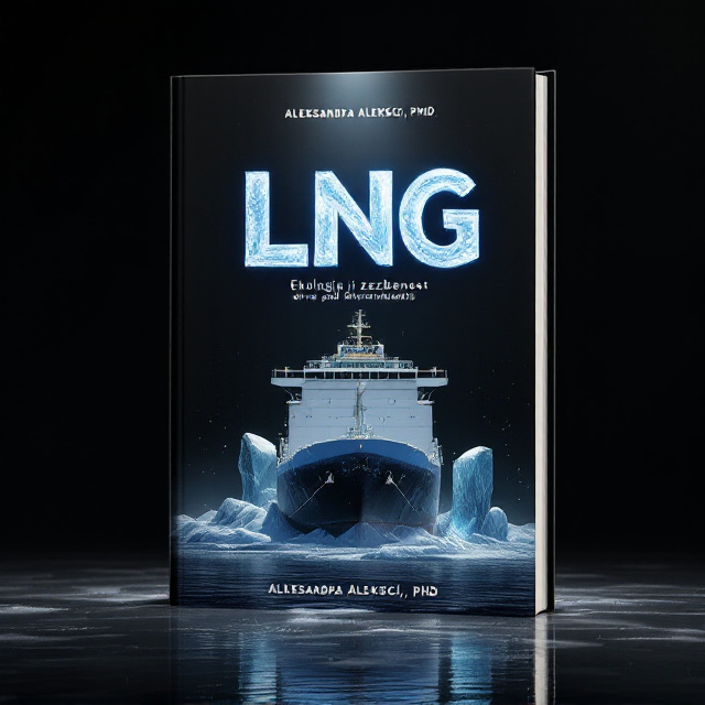 The cover features a minimalist black background with a spotlight illuminating the Arctic landscape. In the center, a large, realistic LNG tanker stands as a Trojan horse, symbolizing the entry of LNG into the energy industry. The tanker is surrounded by smaller theatrical props, representing the stage-like setting of this new era.