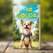 standing book mockup, Its title is "Up to No Gouda". Its author name is Linda Reilly.  The cover features a playful dog wearing a backpack, standing in a vibrant outdoor setting, surrounded by trees and a clear blue sky. The dog is shown in a dynamic pose, with its tail wagging and tongue out, suggesting excitement and joy. The overall style is bright and energetic, with vivid colors and playful elements to engage young readers. The book title "Up to No Gouda" is displayed in a playful, bold font, with the word "Gouda" highlighted in a cheese-themed style. The author's name "Linda Reilly" is presented in a more elegant font, giving it a professional touch., The dog and the title are placed centrally on the cover, with the dog slightly positioned off-center to create a sense of movement. The author's name is positioned at the bottom of the cover, allowing the focus to remain on the dog and the title.