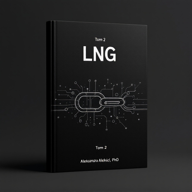 The cover features a minimalist design with a black background. The central element is a chain symbolizing the value chain in the LNG industry. The chain is surrounded by interconnected gas hubs, representing the modern energy market. Contracts are depicted through abstract shapes, adding visual interest and complexity to the composition.