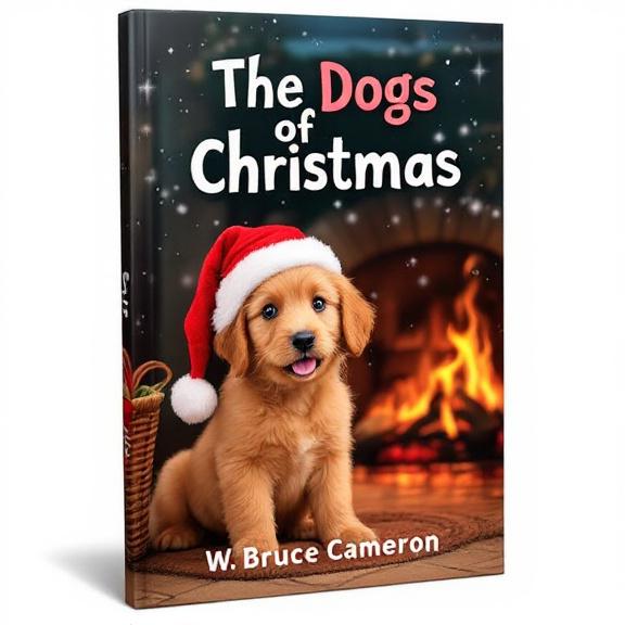 standing book mockup, Its title is "The Dogs of Christmas". Its author name is W. Bruce Cameron.  A playful puppy with a Santa hat sits next to a cozy fireplace, snowflakes gently falling. The puppy is looking directly at the viewer, with a joyful and loving expression on its face. The book title "The Dogs of Christmas" is written in a bold and playful font, with the word "Dogs" emphasized in a different color to highlight the book's central theme. The author's name "W. Bruce Cameron" is written in a more elegant and traditional font., The puppy and fireplace scene occupy the center of the cover, with the book title positioned above the puppy and the author's name below the scene.