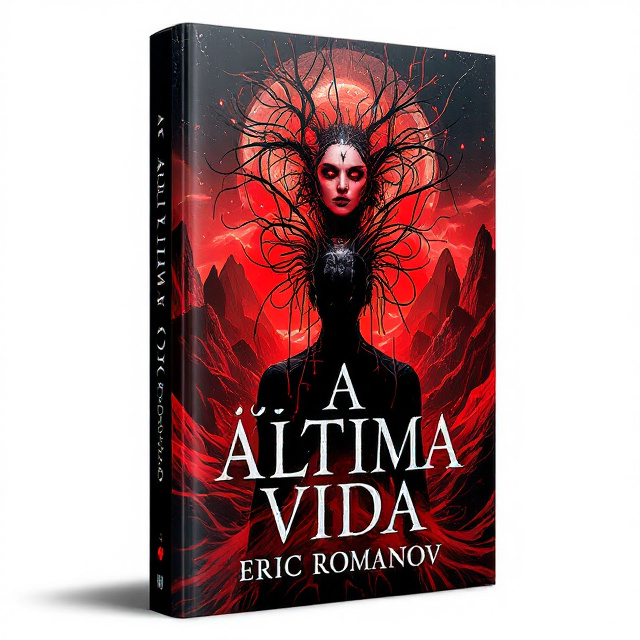The cover features a dark and mysterious universe with a backdrop of red mountains symbolizing death and loss. In the center, an enigmatic female figure, connected to wires in her head, represents the evil goddess manipulating existence. The protagonist is shown in the foreground, depicting anguish and despair as he embarks on a disturbing journey.