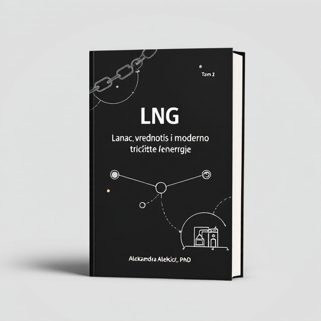 The cover features a minimalist design with a black background. On the top left corner, there is an image of a chain, representing the value chain of LNG. On the bottom right corner, there is an image of a gas hub, symbolizing the modern market of energy. Connecting these two elements, there are abstract lines representing contracts.