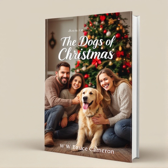 standing book mockup, Its title is "The Dogs of Christmas". Its author name is W. Bruce Cameron.  A warm and inviting scene of a family gathered around a beautifully decorated Christmas tree with their dog seated in the front. The family members are wearing cozy sweaters and are smiling with joy and nostalgia. Using a script font for the title "The Dogs of Christmas" to convey a sense of warmth and tradition. The author's name "W. Bruce Cameron" will be displayed in a simple and clean serif font., The title and author's name will be placed at the top of the cover, allowing the scene of the family and dog to be the main focal point. The title will be slightly larger and centered, while the author's name will be smaller and aligned to the right.