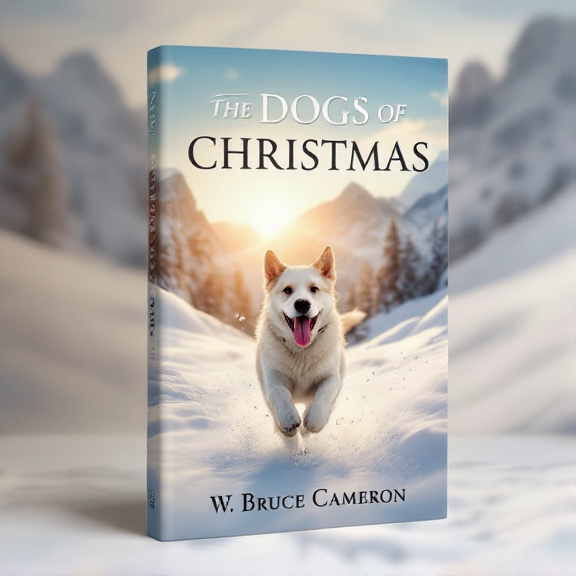 A dog running through snow-covered mountains, with the sun rising in the background. The dog is depicted in motion, with its tongue out and tail wagging, capturing the excitement and adventure of the story.