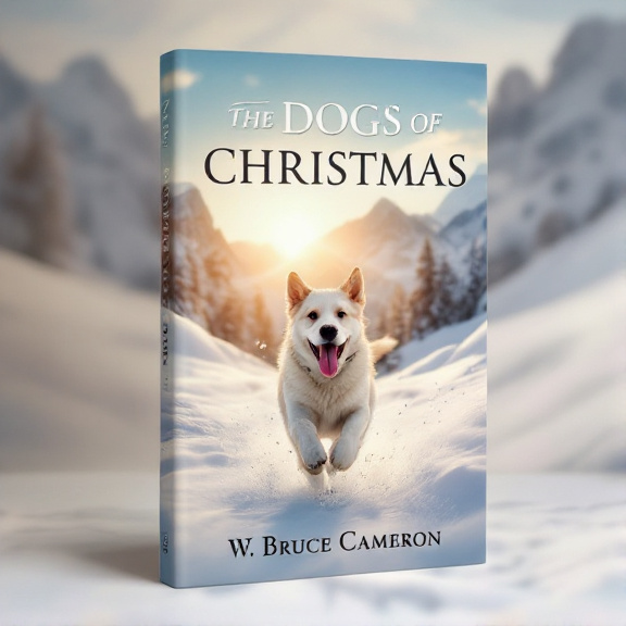 standing book mockup, Its title is "The Dogs of Christmas". Its author name is W. Bruce Cameron.  A dog running through snow-covered mountains, with the sun rising in the background. The dog is depicted in motion, with its tongue out and tail wagging, capturing the excitement and adventure of the story. The book title "The Dogs of Christmas" is in bold, uppercase letters, placed at the top of the cover. The author name "W. Bruce Cameron" is in a smaller, elegant font, located at the bottom of the cover., The visual elements are centered on the cover, with the dog positioned slightly off-center to create a sense of movement. The book title is positioned above the dog, while the author name is placed below.