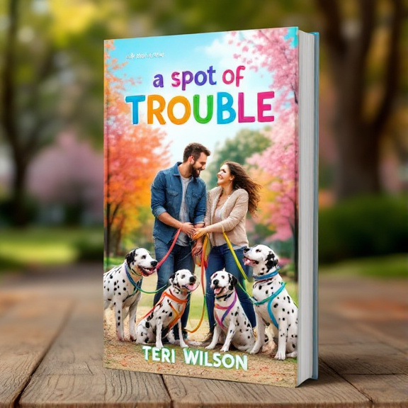 The cover features a couple tangled in colorful leashes, surrounded by playful Dalmatians, with a vibrant park in the background. The couple is laughing, portraying humor and playfulness.