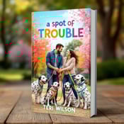 standing book mockup, Its title is "A Spot of Trouble". Its author name is Teri Wilson.  The cover features a couple tangled in colorful leashes, surrounded by playful Dalmatians, with a vibrant park in the background. The couple is laughing, portraying humor and playfulness. The title "A Spot of Trouble" is written in a bold, playful font, with each word in a different color to match the colorful leashes. The author's name, Teri Wilson, is displayed in a modern, clean font at the bottom., The couple is positioned in the center, with the Dalmatians surrounding them, creating a balanced and visually appealing composition. The title is placed above the couple, while the author's name is below them.