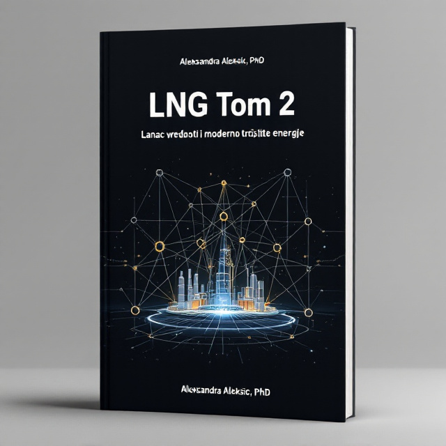 The cover features a minimalist design with a black background. It showcases a network of interconnected chain links, symbolizing the concept of "Lanac vrednosti" (Value Chain) in the book's title. In the center, there is an illustrative representation of a modern gas hub, highlighting the book's focus on the modern energy market.