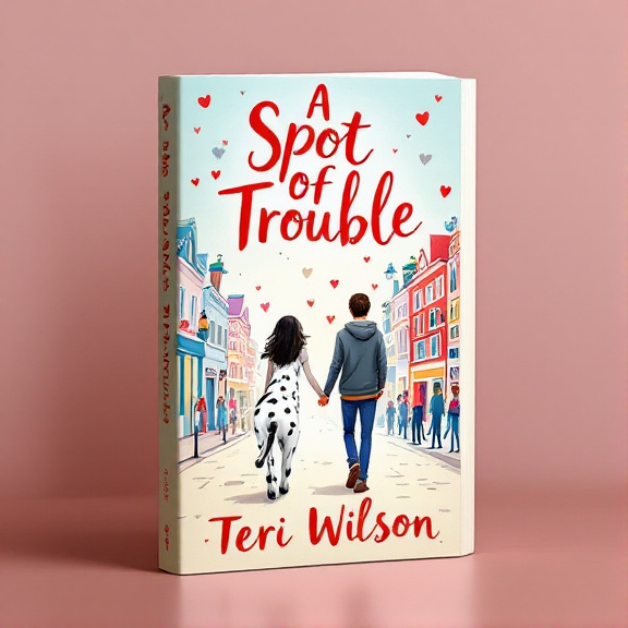 standing book mockup, Its title is "A Spot of Trouble". Its author name is Teri Wilson.  A charming illustration of a Dalmatian leading a couple hand in hand through a vibrant cityscape. The cityscape is filled with colorful buildings, bustling streets, and people going about their day. Subtle heart motifs are integrated into the background, adding a touch of romance. The book title "A Spot of Trouble" is written in a playful and modern font, with the word "Spot" highlighted in red to draw attention. The author's name "Teri Wilson" is displayed in a more elegant script font., The illustration of the Dalmatian and the couple takes up the central part of the cover, while the title and author name are positioned at the top and bottom respectively. The heart motifs are scattered throughout the background.