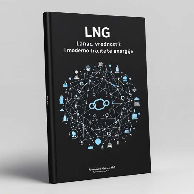 The cover features a minimalist design with a black background. In the center, there is an illustration of interconnected chain links, symbolizing the concept of a "chain of values" and the interconnectedness of the LNG market. Surrounding the chain links, there are illustrations of gas hubs, representing the modern energy trade.