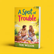 standing book mockup, Its title is "A Spot of Trouble". Its author name is Teri Wilson.  The cover features a vibrant yellow background with a playful picnic scene in the foreground. The couple and their dogs are depicted enjoying a picnic with picnic baskets and a checkered blanket. One of the dogs is caught in a mischievous act, trying to snatch a bone from the picnic basket. The title "A Spot of Trouble" is displayed in bold, playful font in a contrasting color that stands out against the yellow background. The author's name, Teri Wilson, is displayed in a more elegant yet still lighthearted font., The title is positioned at the top of the cover, while the author's name is placed at the bottom. The picnic scene with the couple and dogs is the focal point in the center, filling up most of the space on the cover.