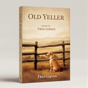 standing book mockup, Its title is "Old Yeller". Its author name is Fred Gipson.  A sepia-toned painting depicting a loyal dog sitting by a wooden fence in a rural landscape with rolling hills in the background. Vintage font for the book title "Old Yeller" at the top of the cover, with the author's name "Fred Gipson" in a smaller, elegant font at the bottom., The dog is placed slightly off-center, with the fence leading the viewer's eye towards the title. The author's name is aligned with the bottom of the fence.